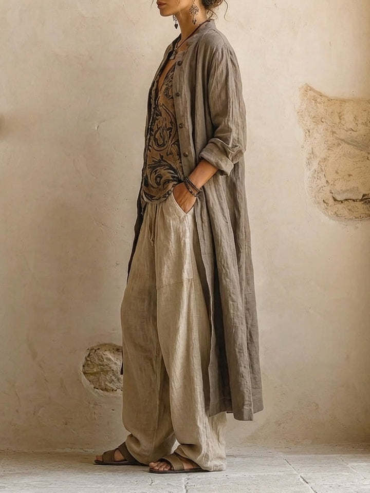 Women's three-piece boho set: wide leg pants, top, and flowy cardigan for versatile summer and spring outfits.