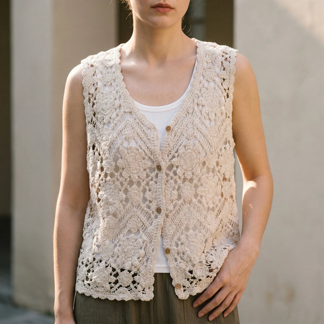Women's boho chic floral sleeveless tank top, perfect for summer casual wear or beach layering. Relaxed fit V-neck.