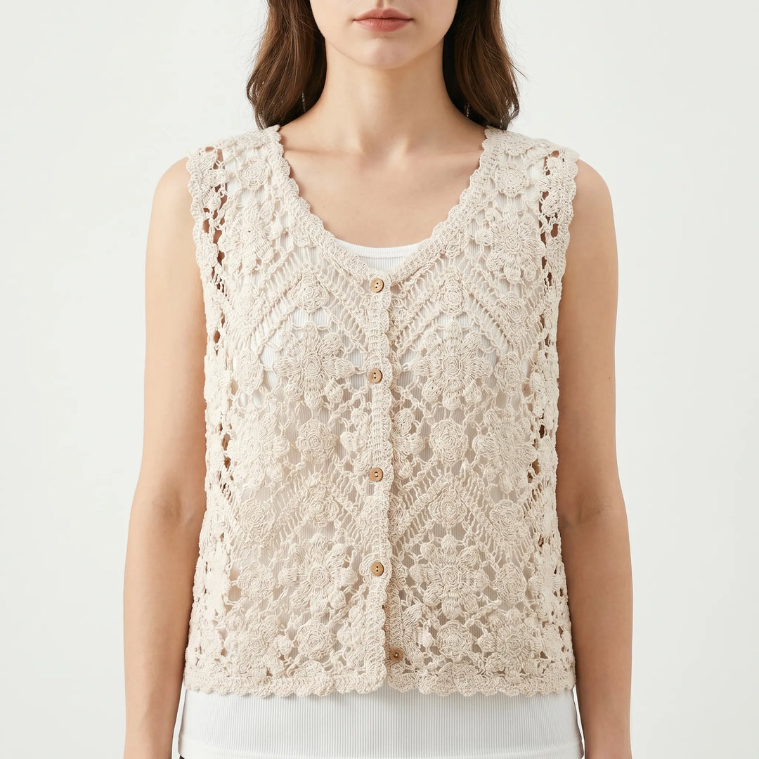 Chic women's boho sleeveless summer tank top featuring a floral pattern. Relaxed fit, great for beach or casual wear.