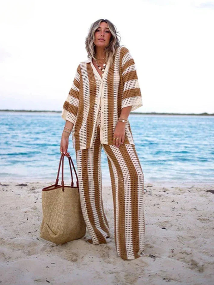 Women's boho chic two-piece summer set with relaxed fit, perfect for casual outings or beach vacation wear.