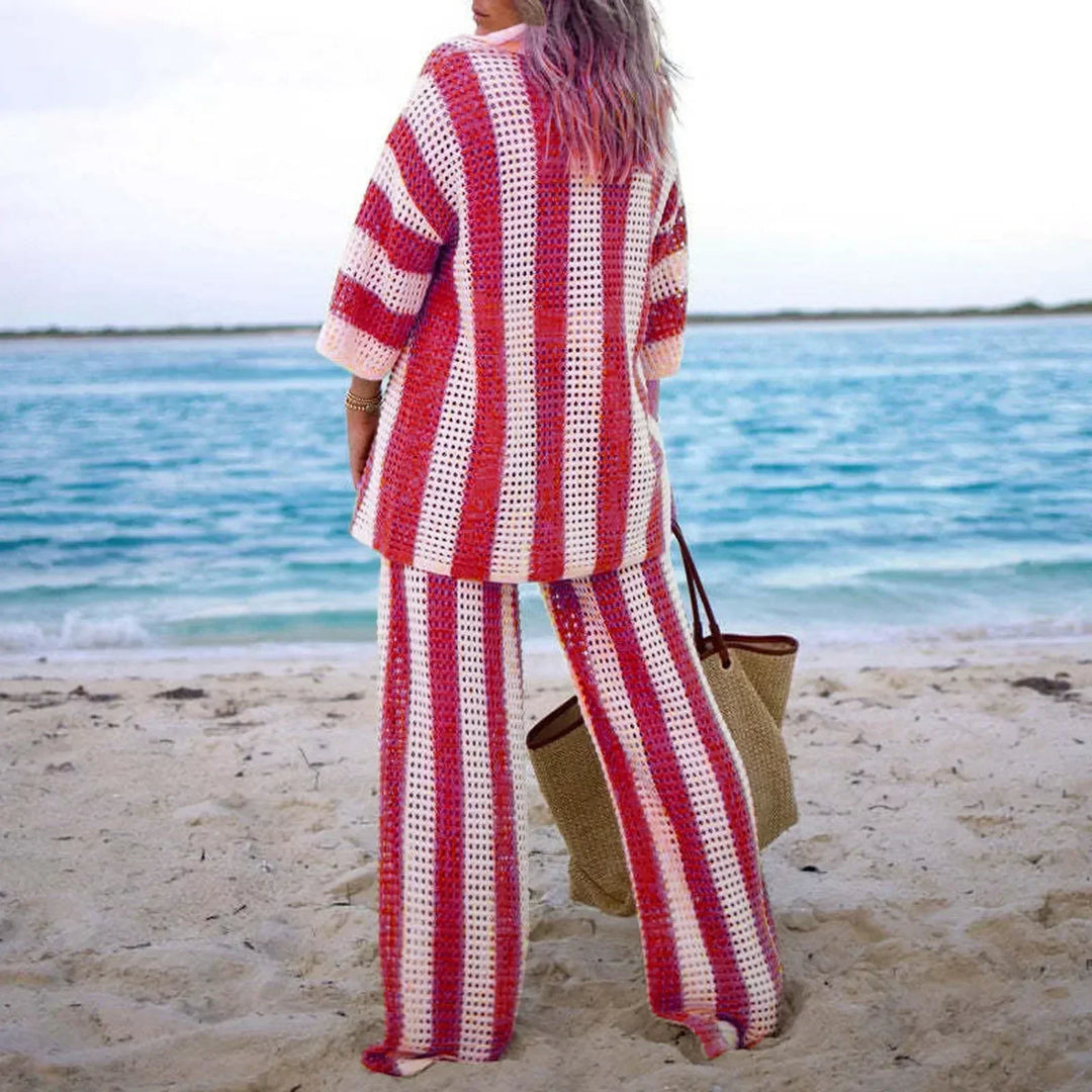 Comfortable women's two-piece summer set with a relaxed fit, embodying boho chic for casual wear & stylish lounging.