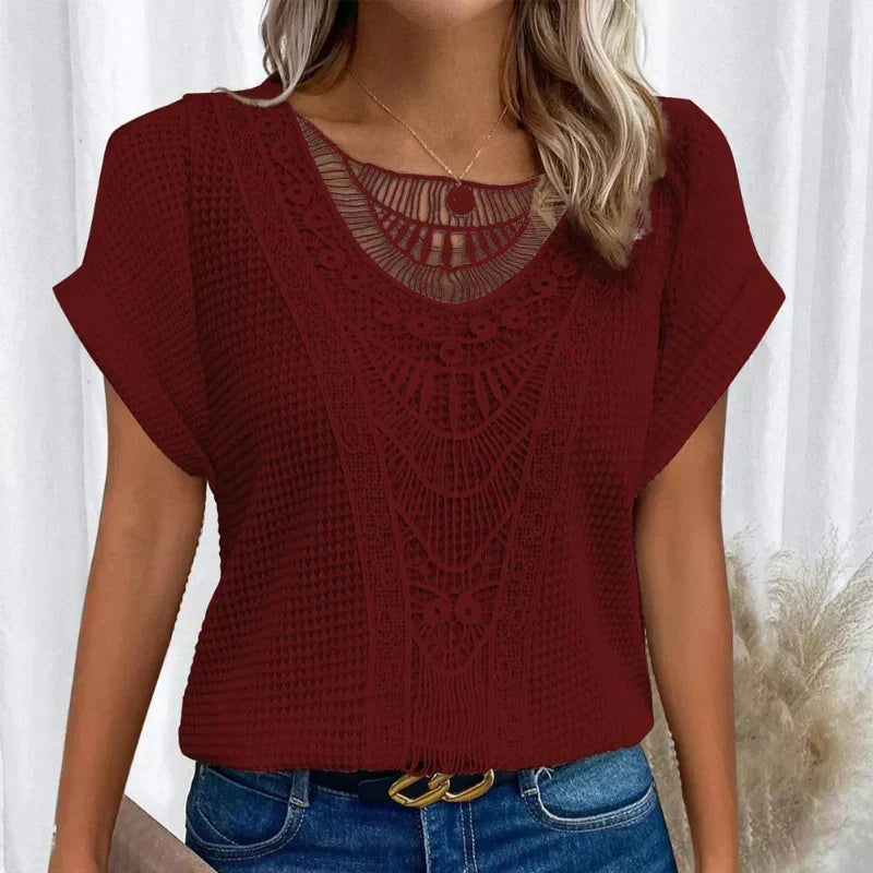 Women's relaxed fit boho crochet short sleeve top. An elegant casual piece for versatile summer fashion.