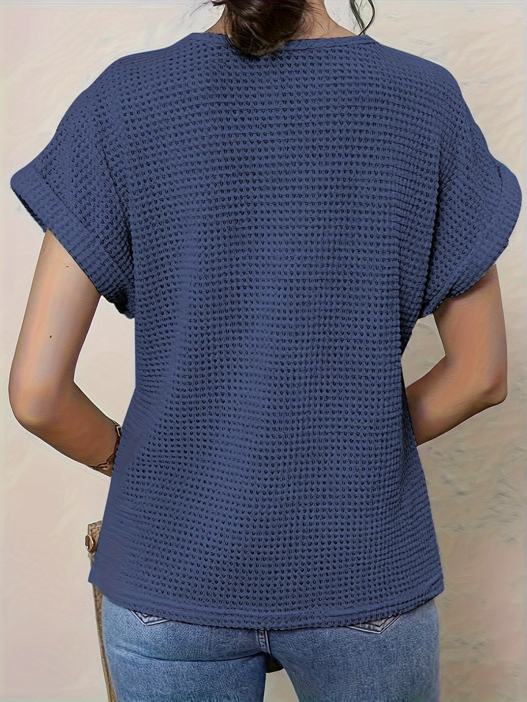 Women's casual boho top, crochet detailed short sleeve. Perfect for relaxed summer days & everyday chic.