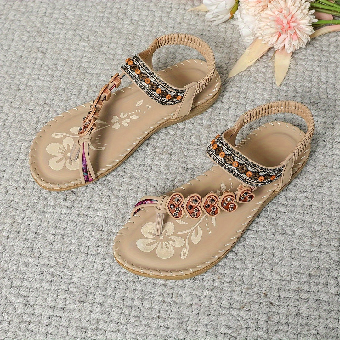 Festival fashion women's flat sandals: sparkly rhinestone, beaded, boho toe ring design.