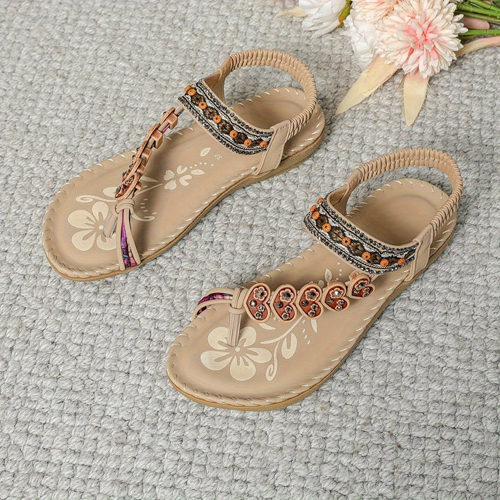 Festival fashion women's flat sandals: sparkly rhinestone, beaded, boho toe ring design.