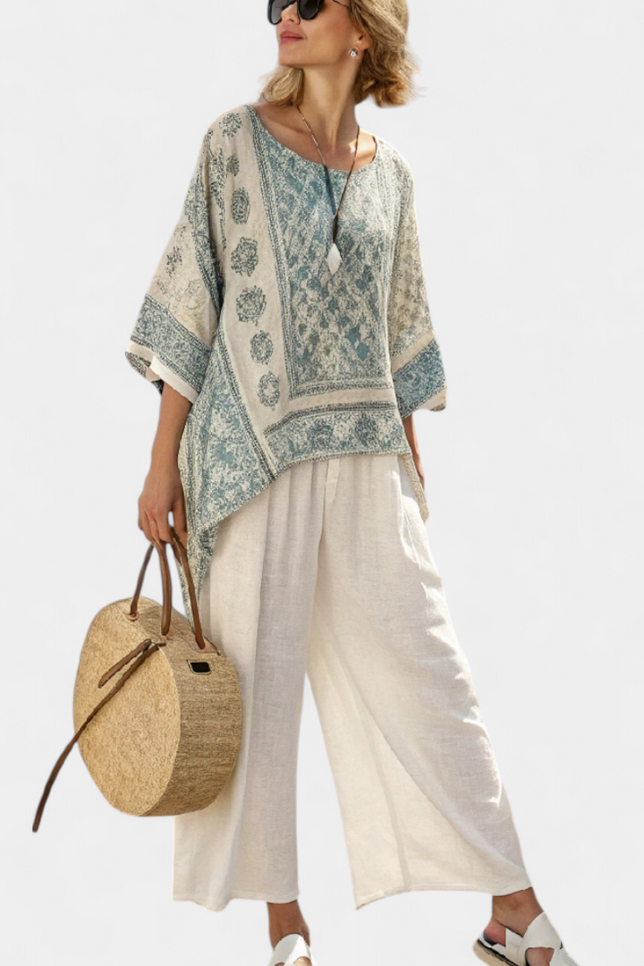 Women's boho floral batwing blouse & wide leg pant set. Perfect relaxed fit for summer vacation & casual chic style.