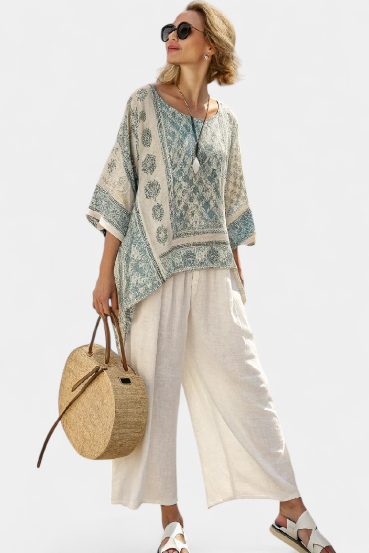 Casual chic women's floral block print batwing blouse & wide leg pant set, perfect for vacation wear.