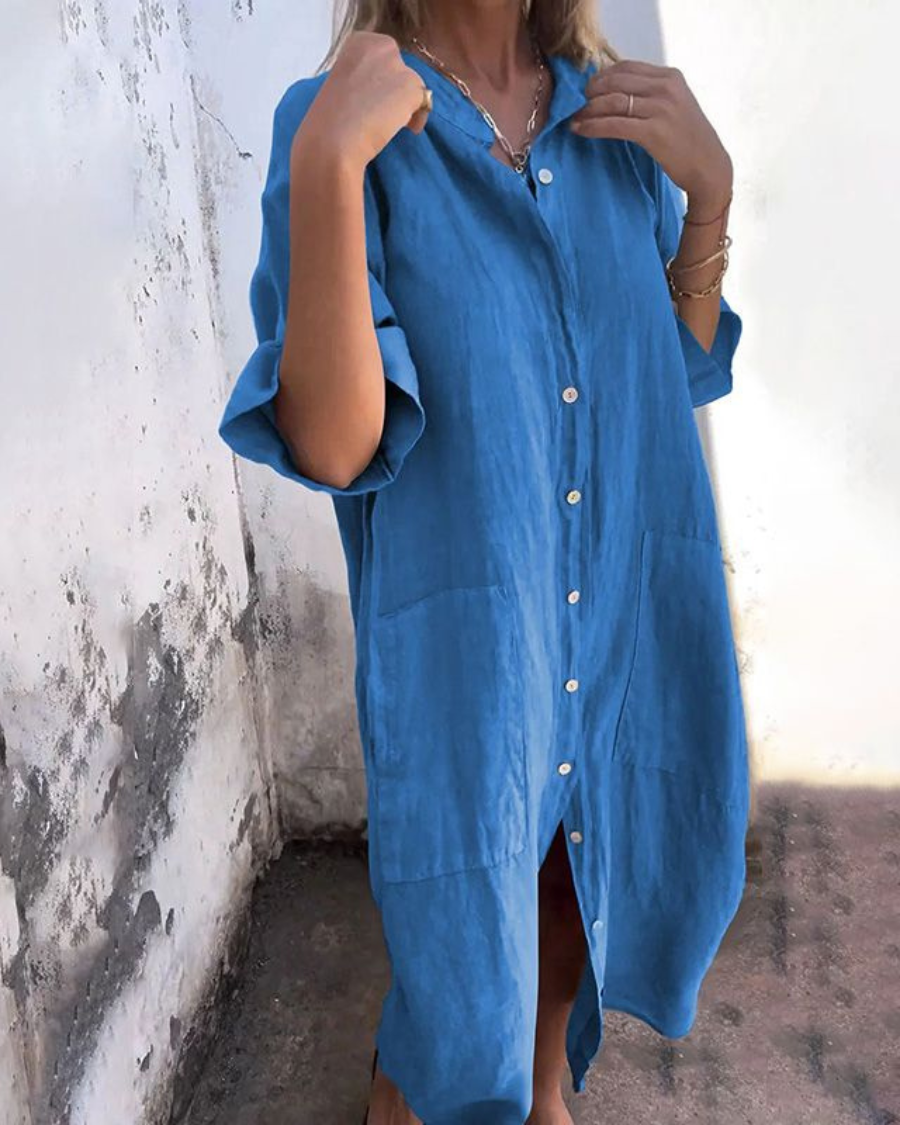 Chic women's button-down maxi dress featuring an elegant boho floral pattern. Great for everyday or vacation.