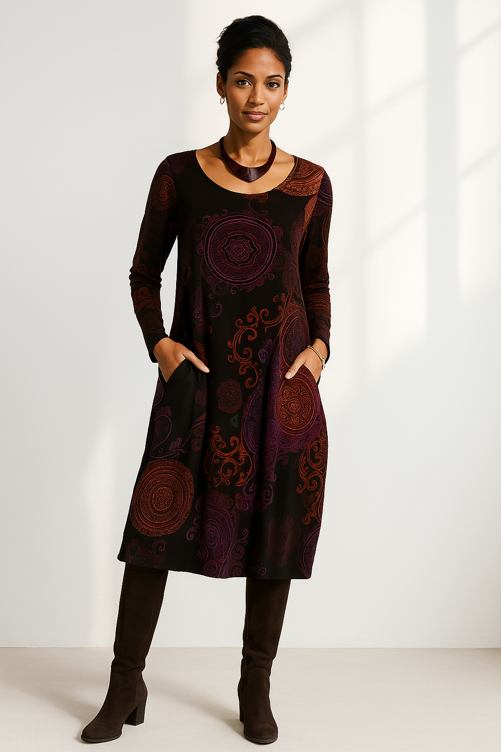 Women's boho floral long sleeve midi dress, perfect for effortless spring & fall style.