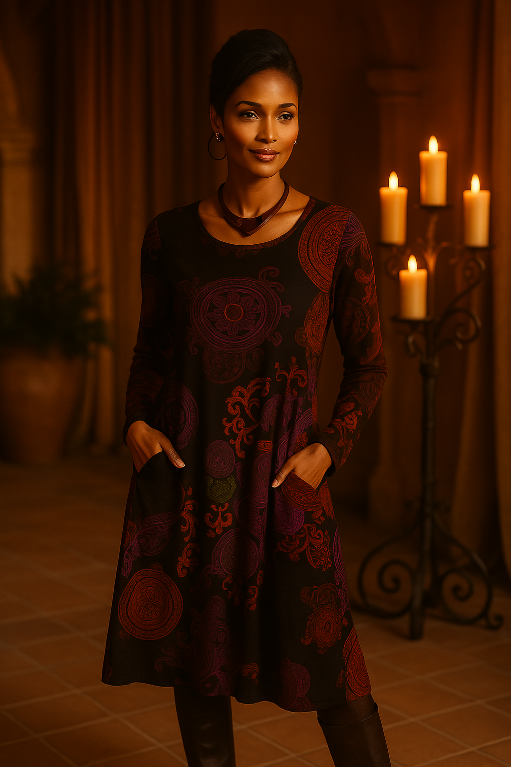 Bohemian women's midi dress with vibrant floral print & long sleeves, ideal for casual fashion.