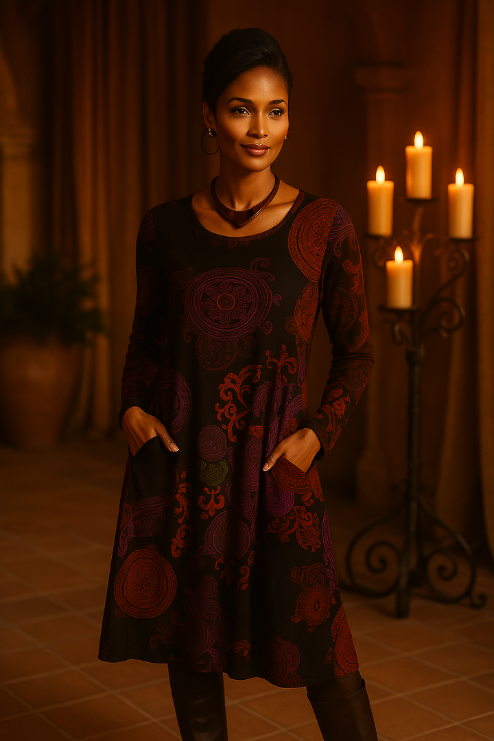Bohemian women's midi dress with vibrant floral print & long sleeves, ideal for casual fashion.