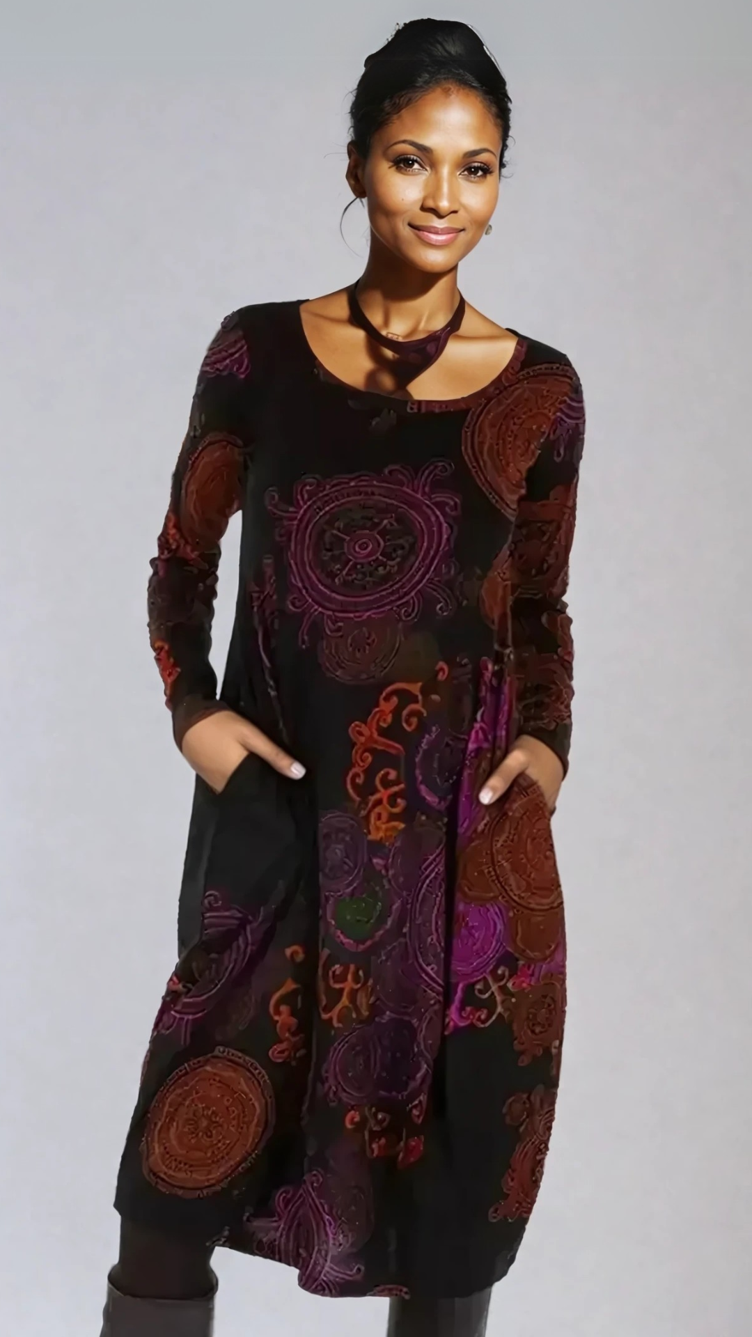 Casual women's long sleeve midi dress in a chic floral boho print, comfortable for everyday style.