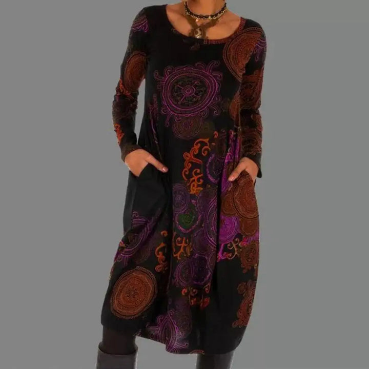 Versatile women's boho midi dress with long sleeves & an all-over floral pattern, great for fall & spring.
