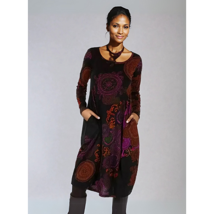 Printed long sleeve midi dress for women, showcasing a beautiful floral and bohemian design.