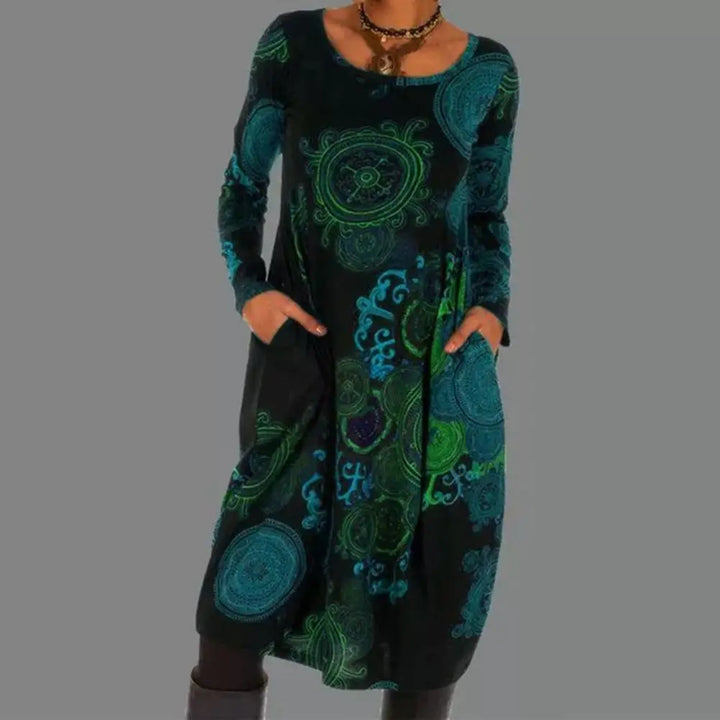 Fall women's midi dress with vibrant floral print, long sleeves, and a flattering boho silhouette.