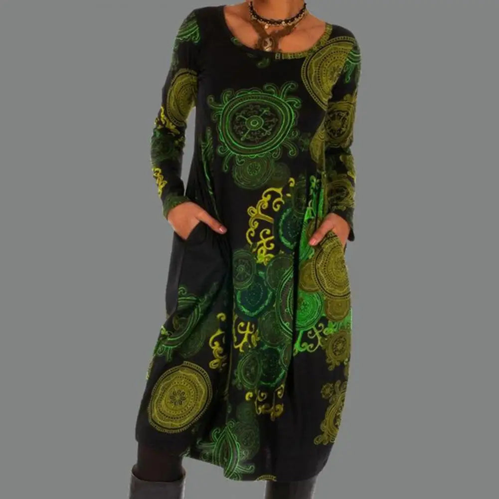 Flowy women's boho floral long sleeve midi dress on a model, highlighting its relaxed fit & elegant design.
