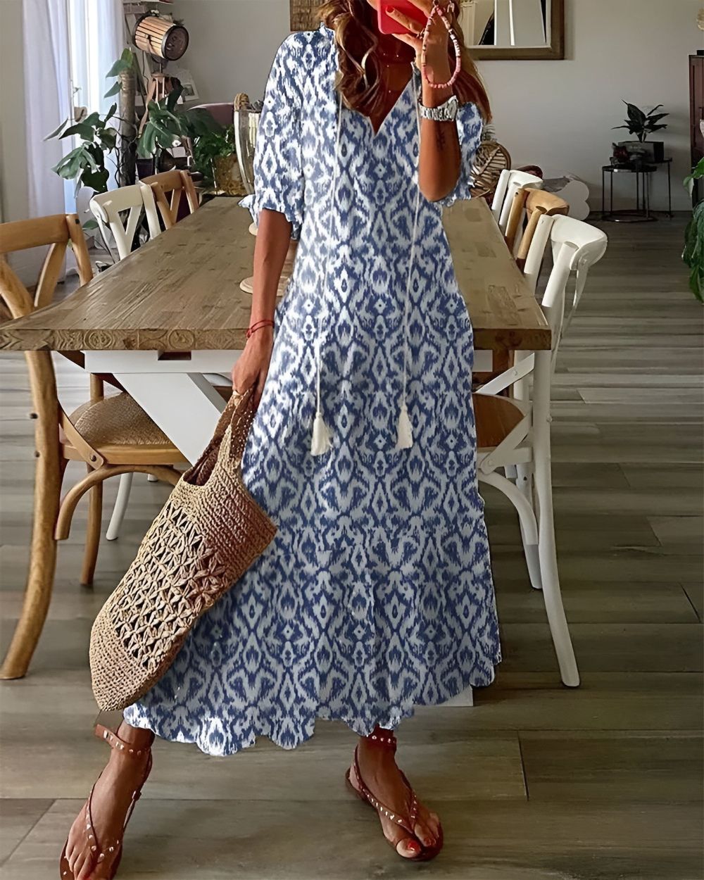Women's boho floral maxi dress, perfect for summer vacation and effortless style.