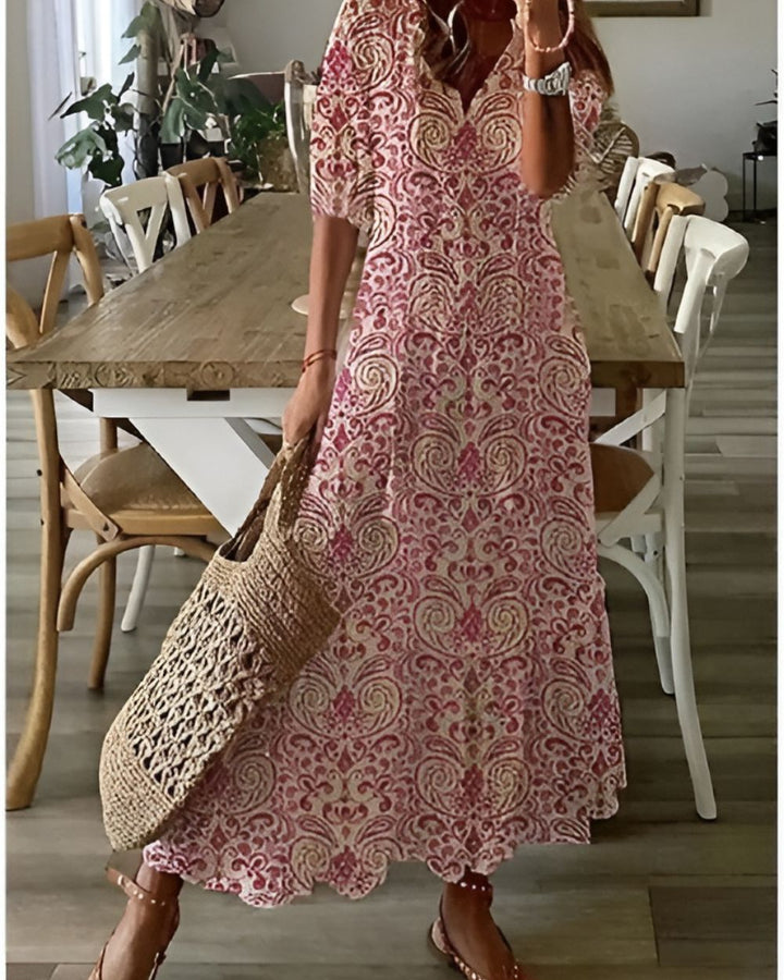 Long boho floral maxi dress for women, offering casual elegance & flowy comfort.