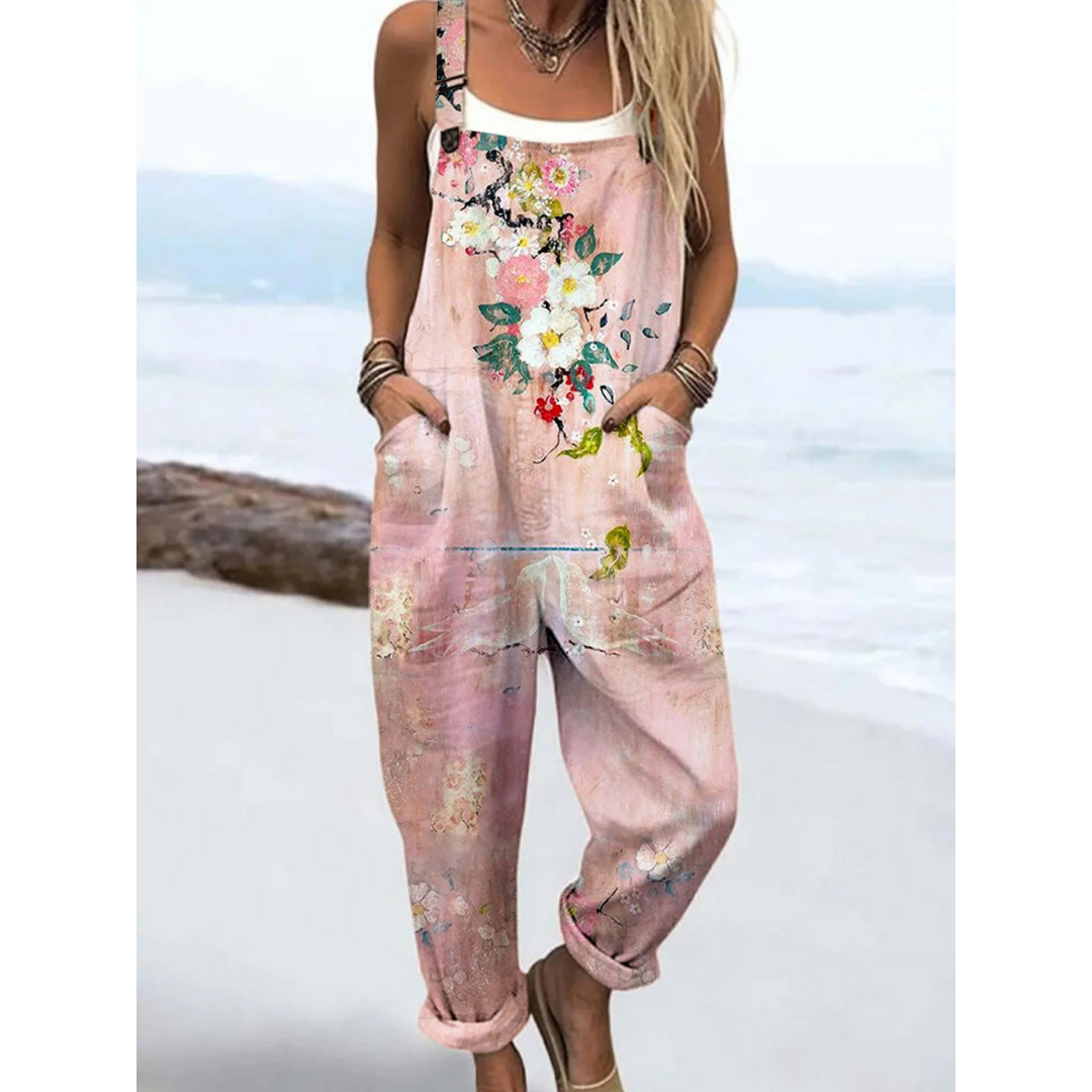 Women's boho floral print casual jumpsuit with adjustable straps. Relaxed fit, ideal for summer beachwear & vacation.