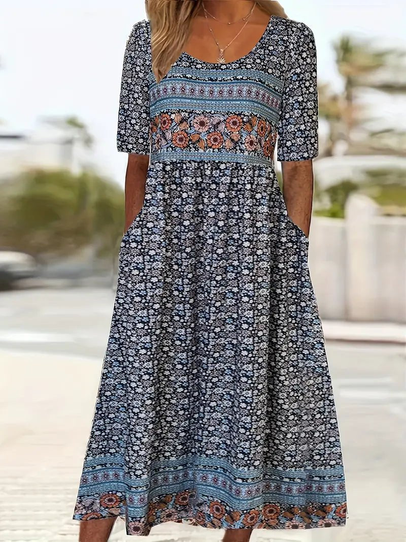 Elegant women's boho floral maxi dress with short sleeves & square neck. Perfect for summer, vacation, or party.