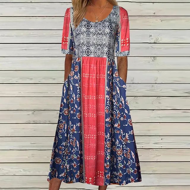 Chic women's short-sleeve square-neck maxi dress with a vibrant boho floral print. A perfect summer vacation look.