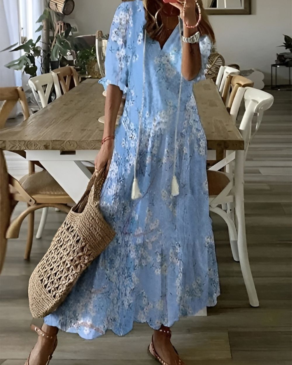 Elegant women's boho summer maxi dress. Soft, flowy fabric & comfortable fit for all-day wear.