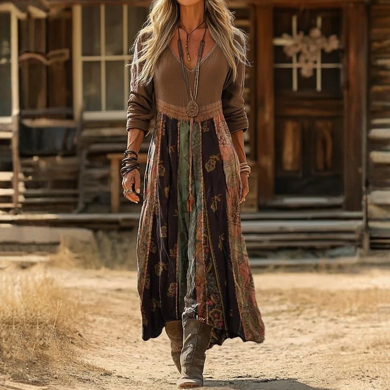 Women's boho long-sleeve V-neck maxi dress, ideal for casual summer or elegant fall events. Flowy & relaxed fit.