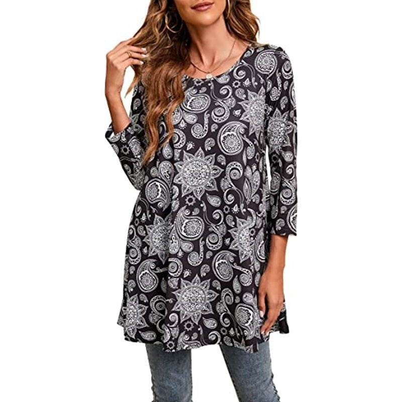 Women's boho mandala print swing tunic top, relaxed fit, scoop neck, three-quarter sleeve for summer style.