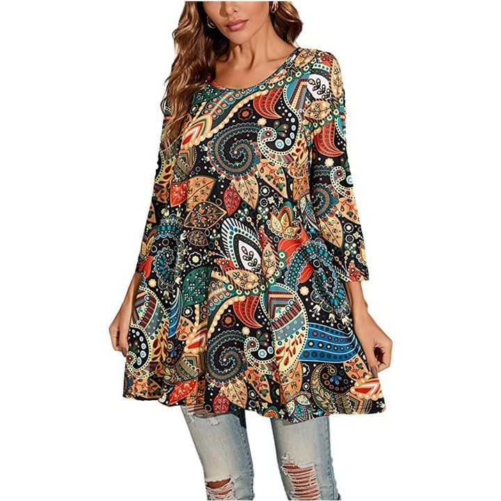 Women's comfortable swing top, a mandala print tunic with a relaxed fit and scoop neck for spring.