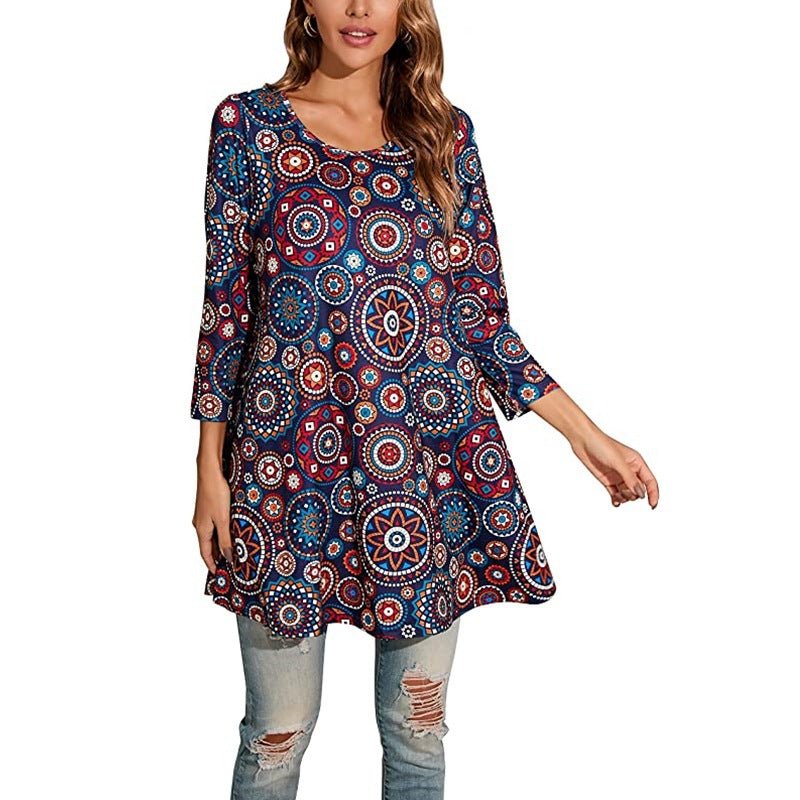 Comfortable women's swing top featuring intricate mandala design and a flattering scoop neck.
