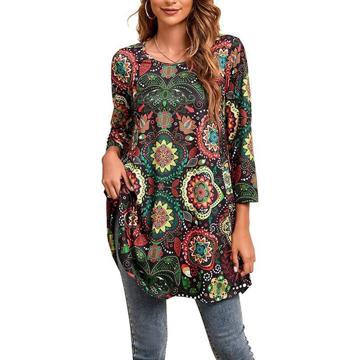 Spring fashion women's tunic, three-quarter sleeve boho swing top with a beautiful mandala print.