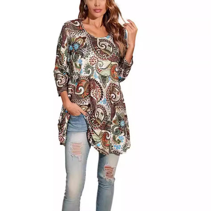 Women's relaxed fit tunic, a bohemian mandala swing top with scoop neck, ideal for warm weather.