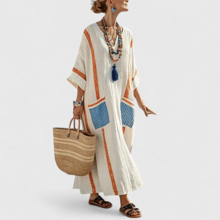 Comfortable women's striped kaftan maxi dress. Soft, loose fit, perfect as a beach cover-up or vacation dress.