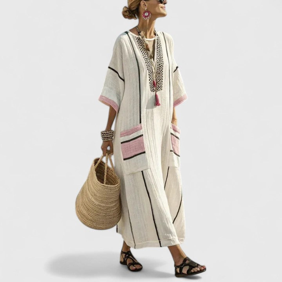 Stylish V-neck striped boho maxi dress for women. Relaxed kaftan style, great for summer vacation and casual wear.