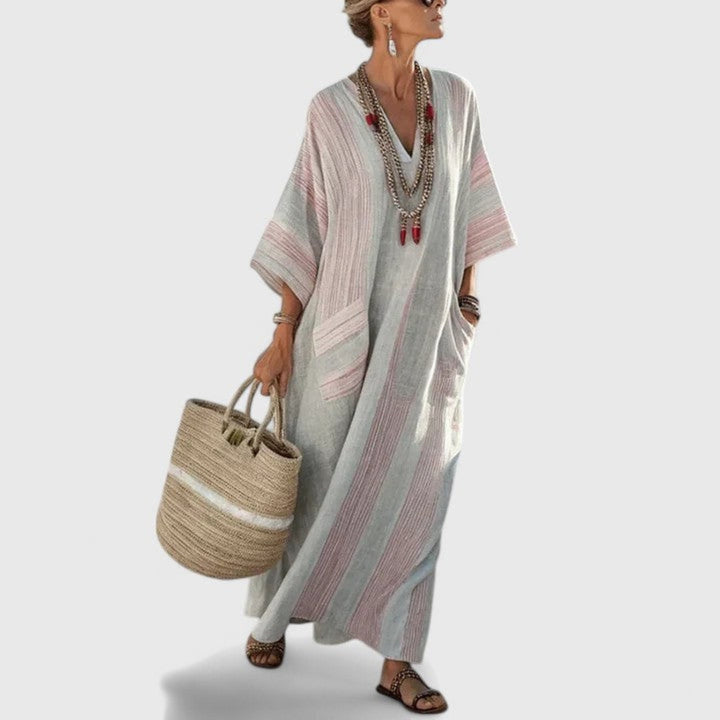 Boho women's striped maxi dress with V-neck. Flowy kaftan style, perfect for vacation, beach, and summer comfort.