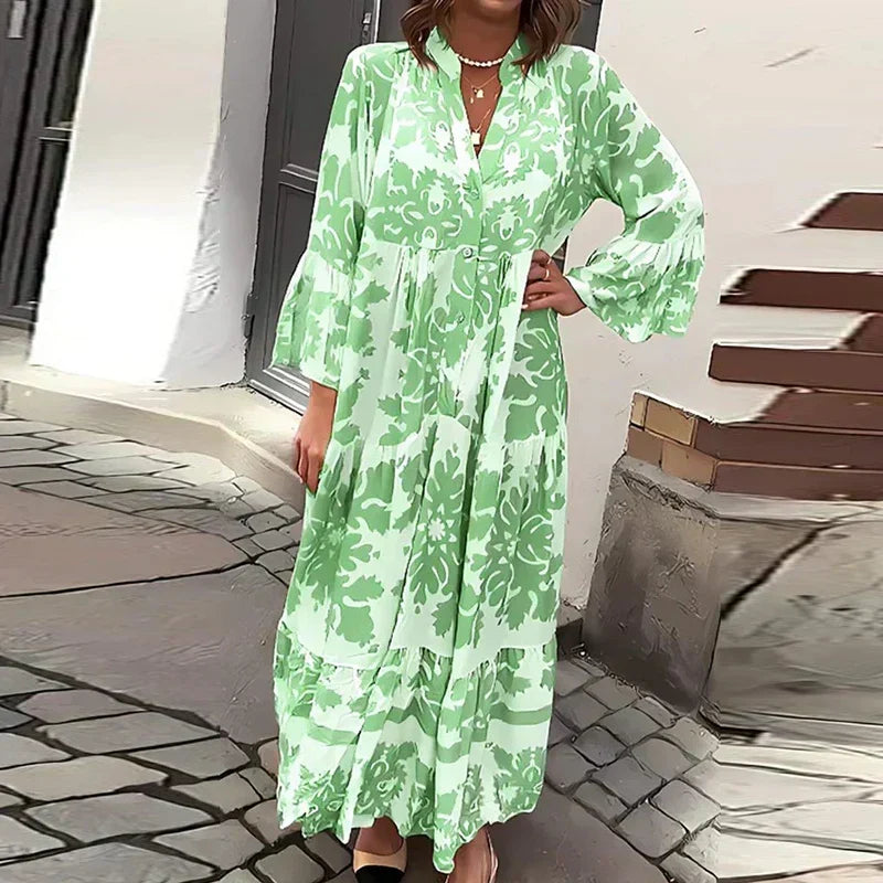 Women's V-neck baroque print maxi dress. Boho style with lantern sleeves, button-down front, tiered skirt.