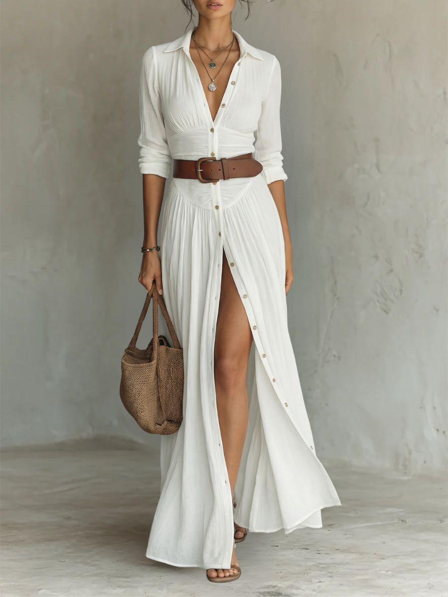Women's boho maxi shirt dress, flowing casual style, perfect for summer beach days or relaxed outings.