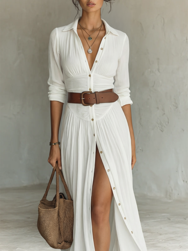 Stylish women's shirt dress in a boho maxi length, offering a versatile and flowing casual look for any occasion.