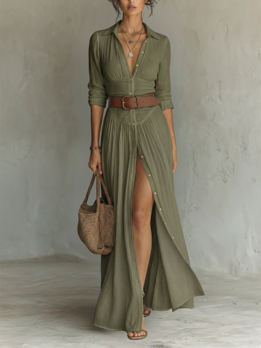 Elegant women's boho maxi dress, a long flowing casual shirt dress design offering relaxed summer style.