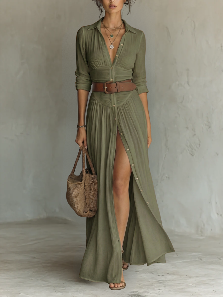 Elegant women's boho maxi dress, a long flowing casual shirt dress design offering relaxed summer style.