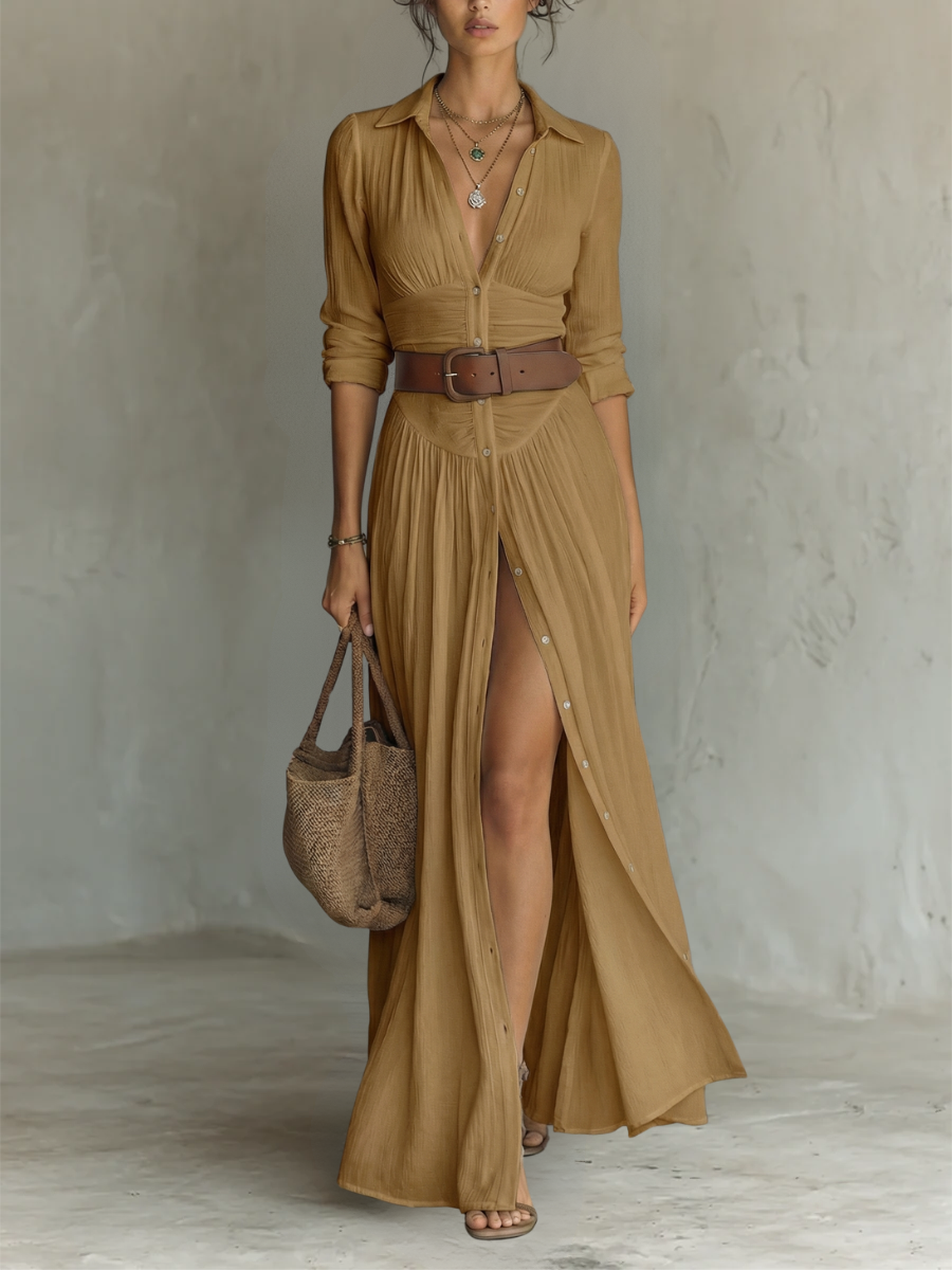 Women's flowing casual maxi shirt dress with boho details, a comfortable and stylish long summer dress.