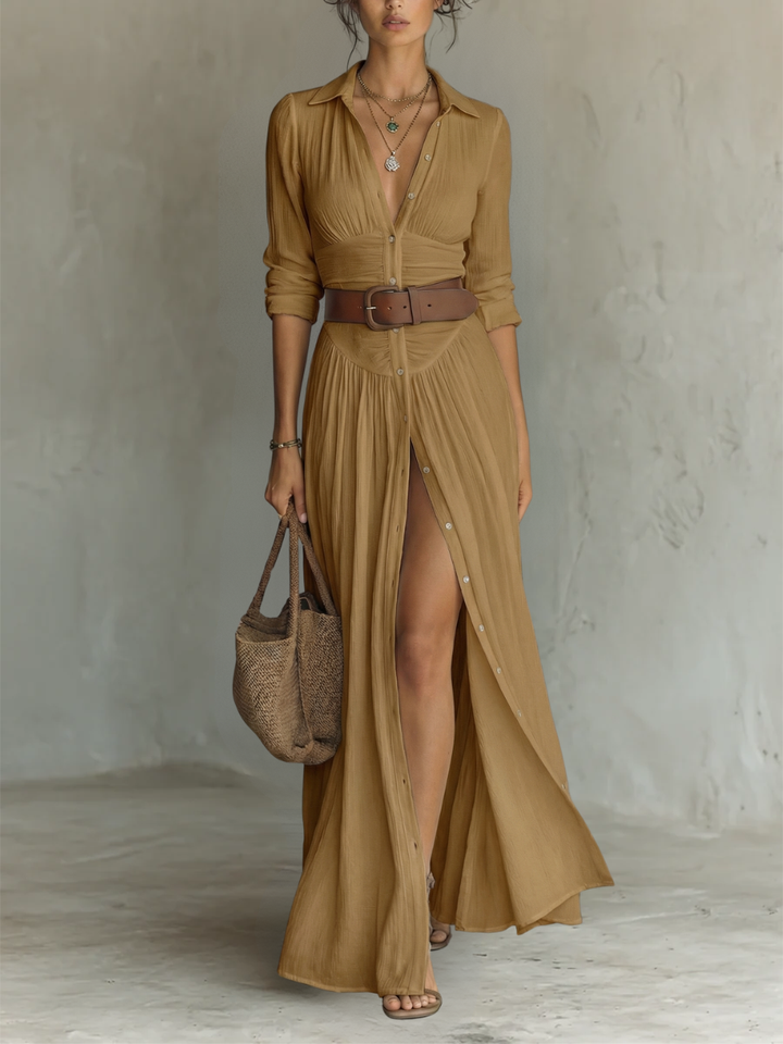 Women's flowing casual maxi shirt dress with boho details, a comfortable and stylish long summer dress.