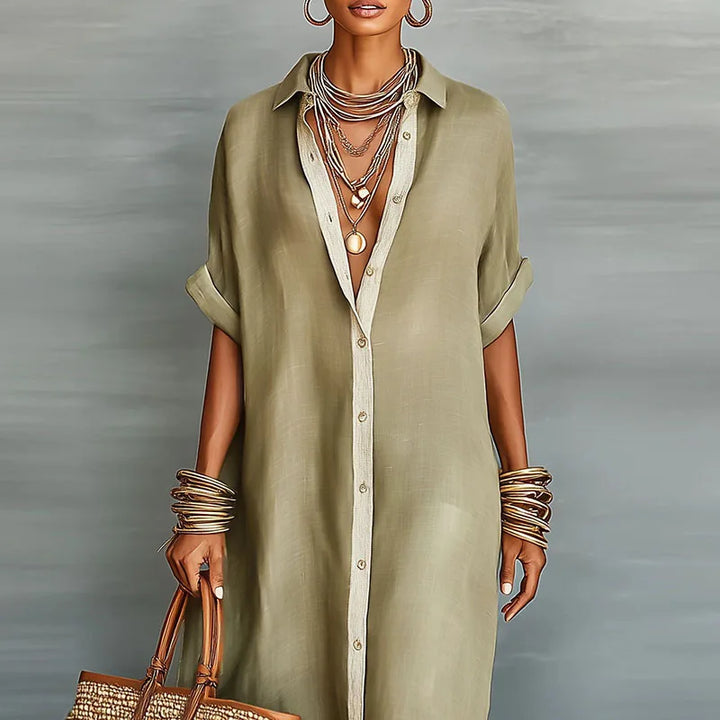 Casual women's summer maxi shirt dress, ideal for vacation or beach, with eye-catching contrast print.