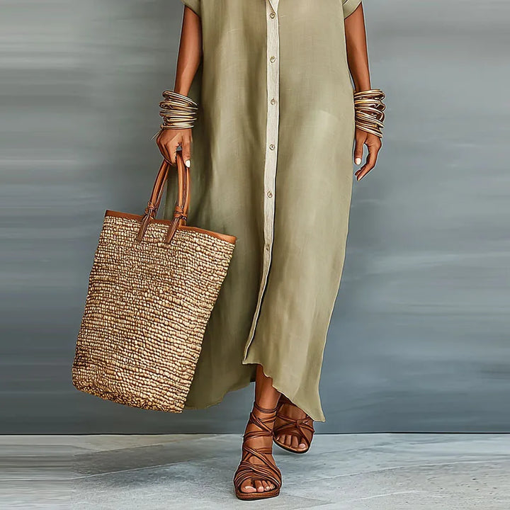Relaxed fit women's boho maxi dress with stylish contrast print, comfortable for all-day summer fashion.