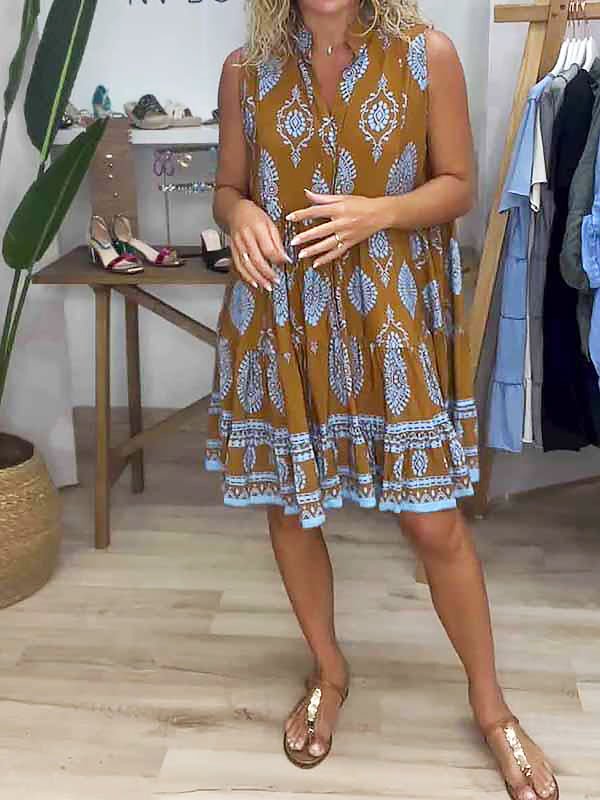 Women's boho medallion print smock mini dress with sleeveless design, perfect for summer casual wear.