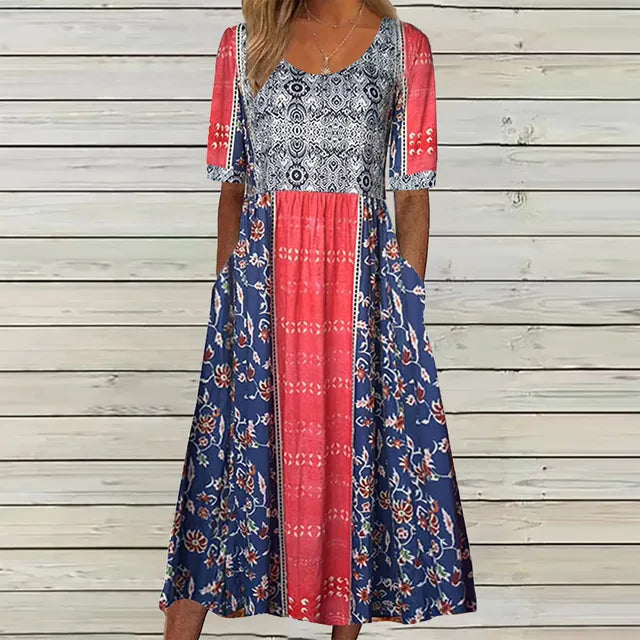 Women's bohemian midi dress with a gathered waist, short sleeves, and handy pockets. Great for a relaxed look.