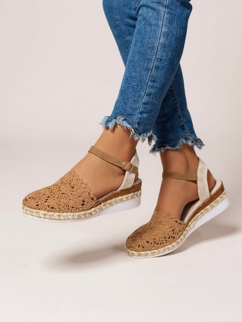 Casual women's espadrille platform sandals with a unique textured bohemian ankle strap.