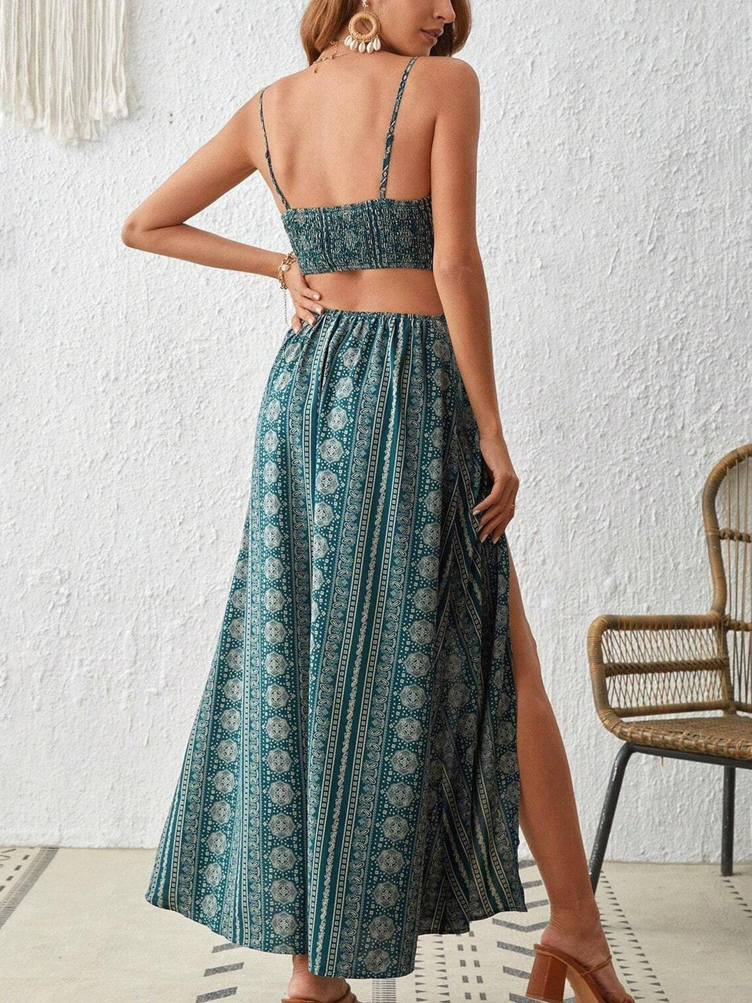 Casual women's boho maxi dress with a beautiful print, side slits, and comfortable smocked back.
