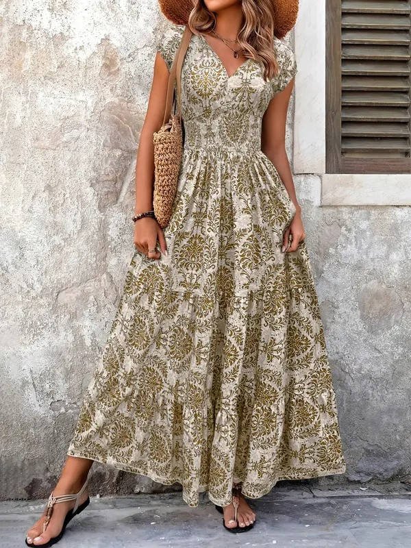 Women's Boho V-Neck Maxi Dress. Effortless style for summer, beach, or casual elegant occasions.