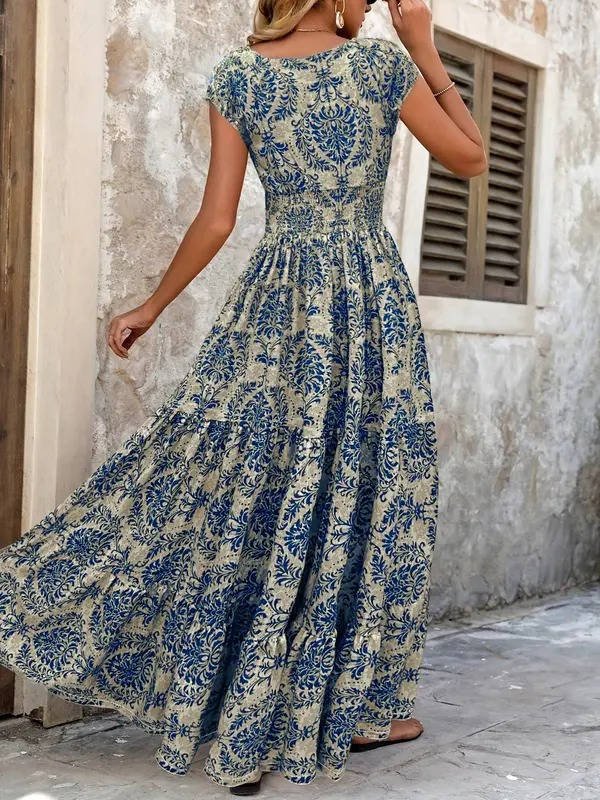 Stylish women's V-neck maxi dress. Boho style, long, flowy, and elegant, perfect for casual or occasion wear.